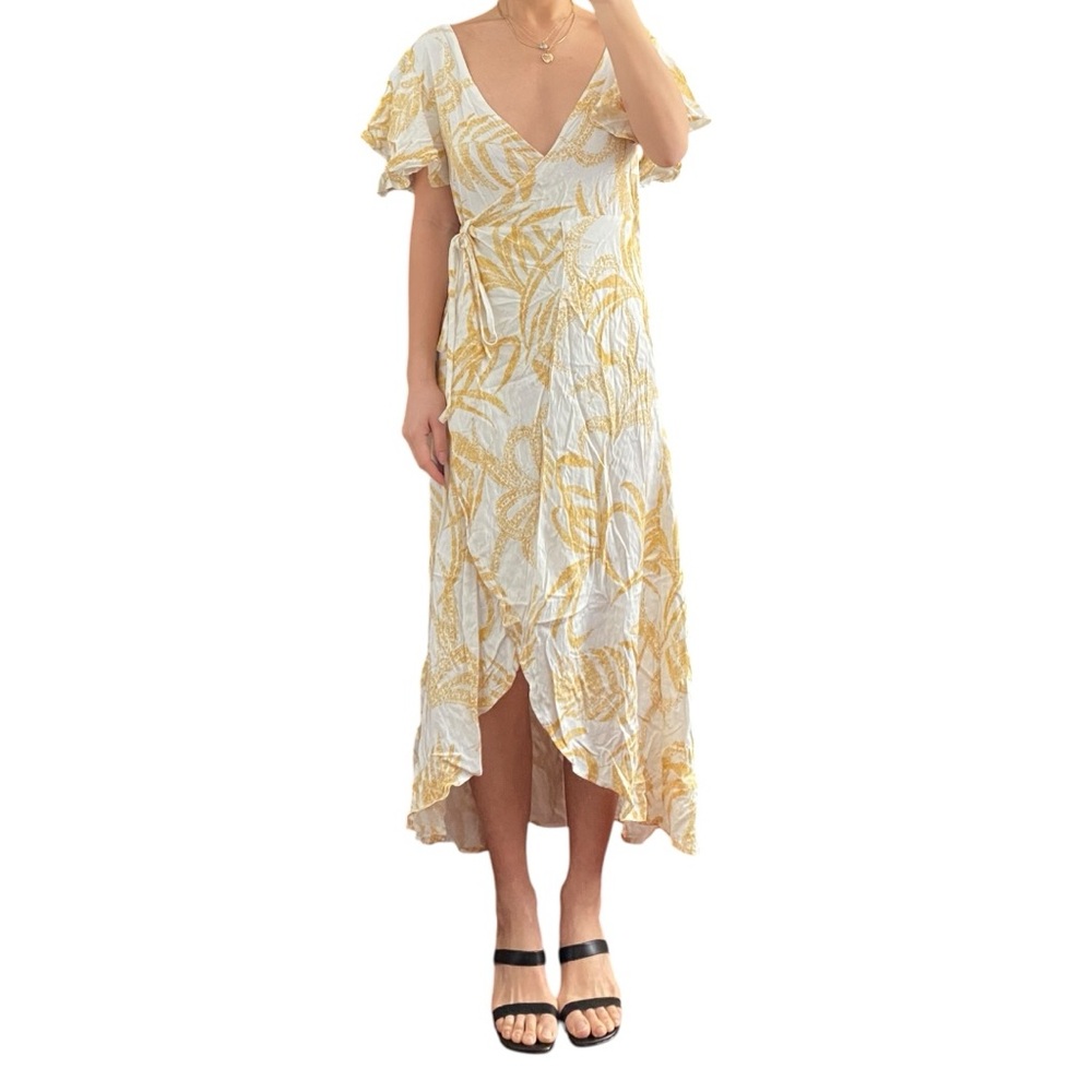 NEW MINKPINK Paradise Yellow/White Waterfall Wrap Dress Size S